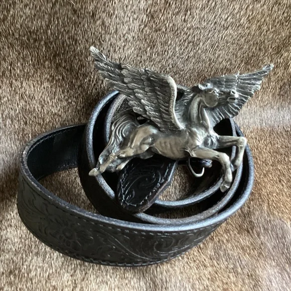 Vintage Bergamot Brass Works Pegasus Belt Buckle Tooled Black Leather Belt